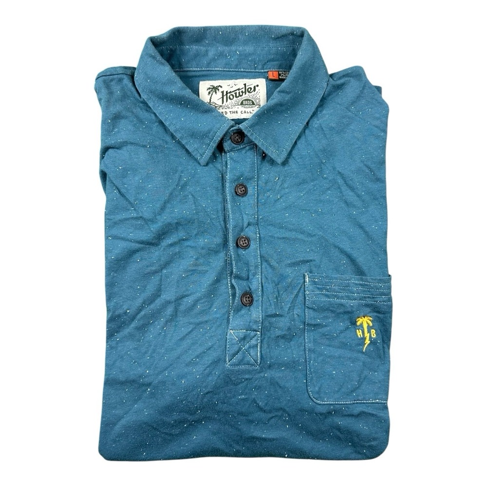 Howler Brothers Blue Flecked Cotton Polo Shirt Mens Large Short Sleeve Pocket